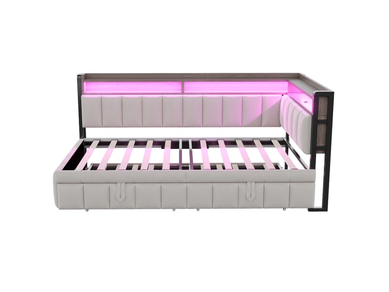  Lit banquette 90x200 cm – gris clair – lit gigogne, éclairage led réglable, ports usb et usb-c - sans matelas  - Conforama E