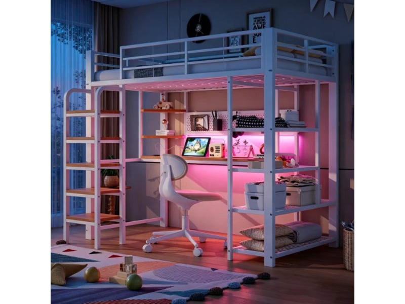  Lit mezzanine 90x200 cm blanc – bureau intégré, prise cee, led multicolore, étagères, échelle verticale  - Conforama D