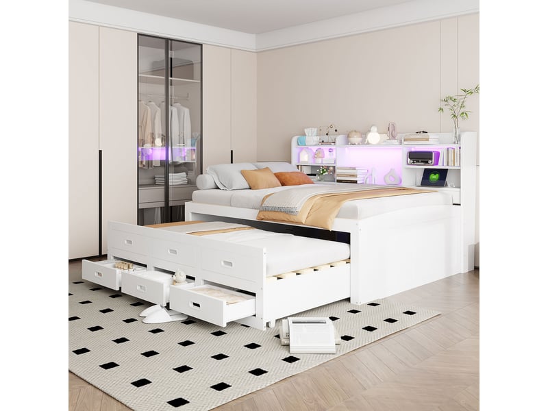  Lit gigogne 140x200cm coloris blanc led panneau de particules lit enfant blanc - Conforama E
