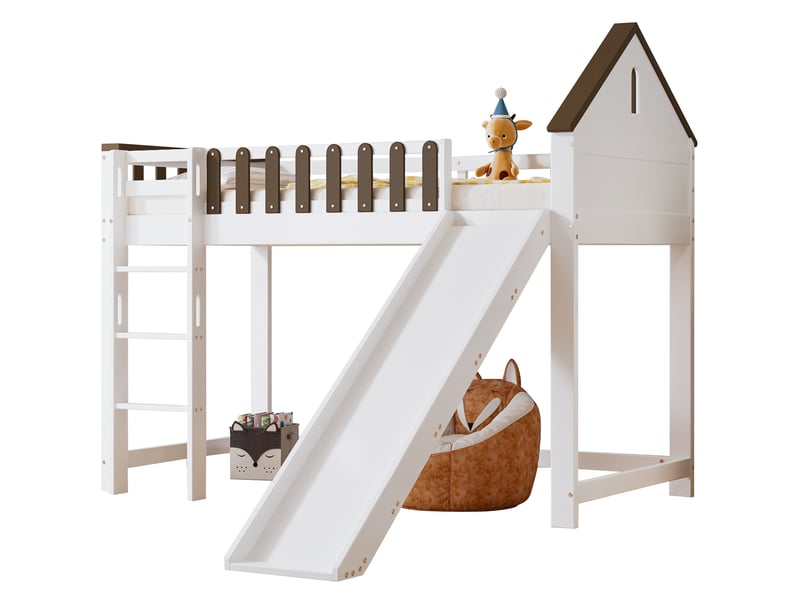  Lit mezzanine enfant 90 x 200 cm avec toboggan, échelle, toit et fenêtres blanc noyer  - Conforama A