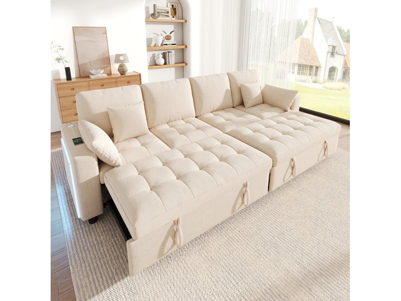 Canapé d'angle convertible 4 places avec deux couchages, led, usb et type-c, dossier réglable en chenille beige - Conforama B