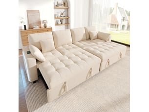 Canapé d'angle convertible 4 places avec deux couchages, led, usb et type-c, dossier réglable en chenille beige