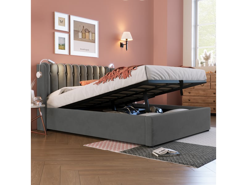  Lit double en velours gris 160 x 200 cm  - Conforama D