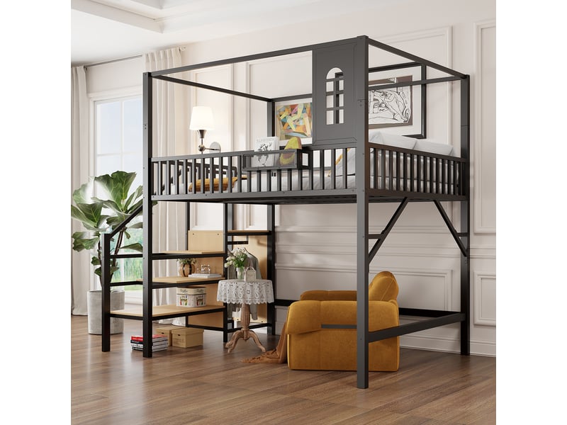 Lit mezzanine 140 x 200 cm, lit enfant surélevé, placard intégré, bureau intégré, échelle, 2 places, structure multifonction, métal, noir Morn Vibe - Conforama B