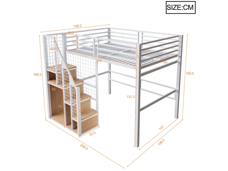  Lit mezzanine enfant et adolescent 140x200 cm en métal avec escalier, blanc  - Conforama C