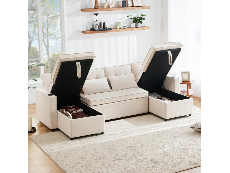  Canapé panoramique convertible 4 places en tissu beige avec rangements, porte-gobelets et coussins inclus  - Conforama E