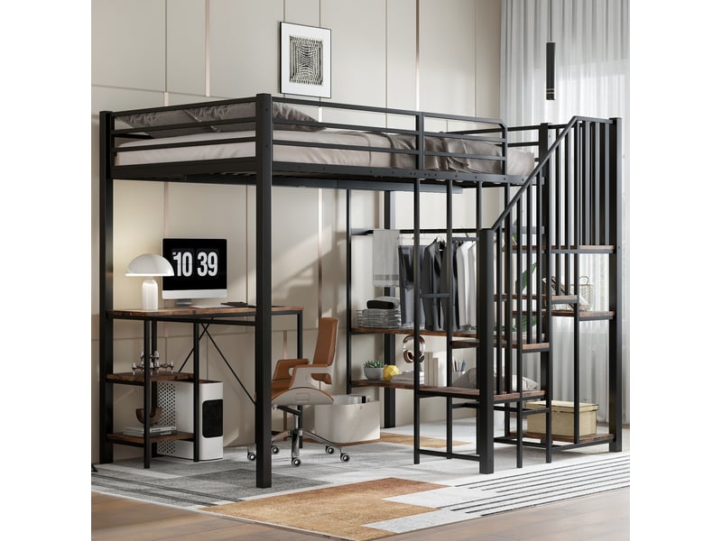  Lit mezzanine 120x200 cm avec bureau et penderie ouverte noir et bois vintage  - Conforama D
