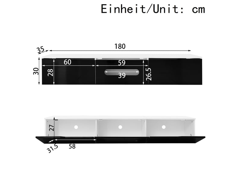  Meuble tv avec 3 portes à fermeture douce led pour salon 180×35×30 cm en mdf noir et blanc  - Conforama D