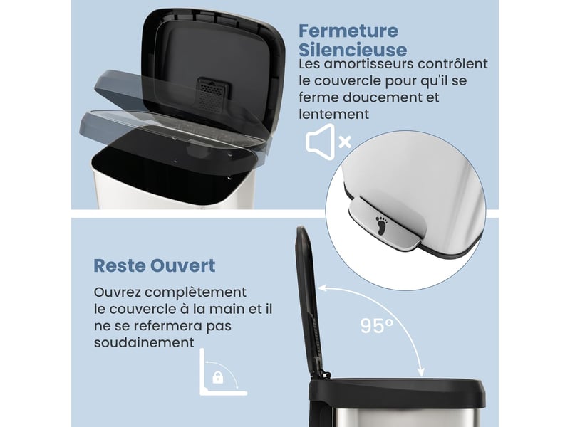  68l poubelle à pédale, poubelle en acier inoxydable avec couvercle à fermeture douce, compartiment désodorisant, poubelle de cuisine anti-odeur  - Conforama B