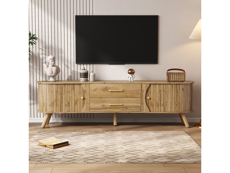 Meuble tv 160x36,5x55 cm, 2 portes coulissantes et 2 tiroirs, armoire de rangement, pieds bois, mdf, couleur naturel  - Conforama D