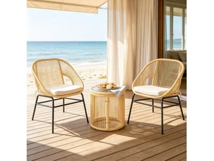 Salon de jardin 2 personnes beige avec 2 fauteuils et table ronde en verre trempé