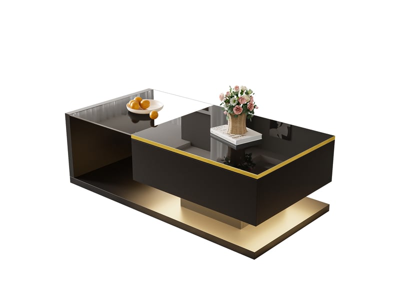  Table basse de 100 cm de long, noir brillant. Tables d'appoint et tables basses en verre avec éclairage led.  - Conforama A