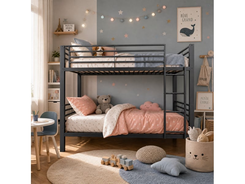  Lit superposé, 90x200 cm, échelle réversible, sommier à lattes, 2 lits simples, matelas non inclus, métal, coloris noir  - Conforama E