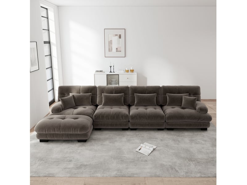  Canapé d’angle modulable 4 places en chenille marron avec ottomans mobiles  - Conforama D