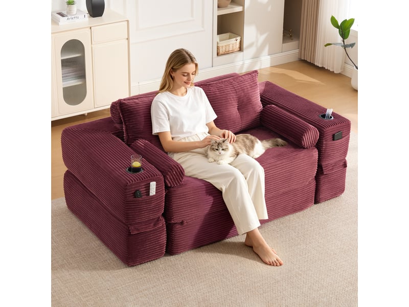  Canapé convertible, canapé-lit, en velours tricoté, porte-gobelets, pour salon et séjour, adapté à l'espace de vie  - Conforama C