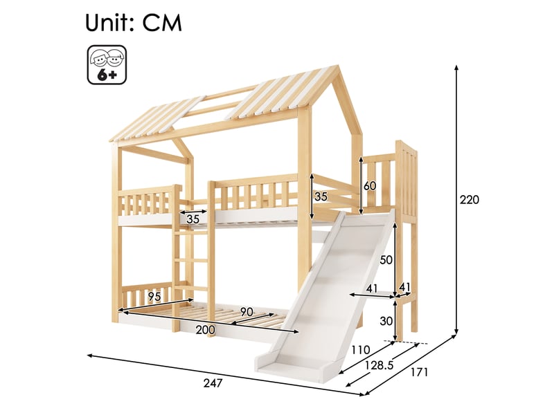  Lit superposé enfant 90x200 cabane avec toboggan et étagère, blanc et bois, pour deux enfants  - Conforama C