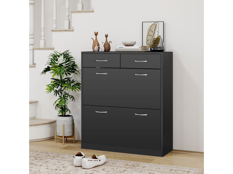  Meuble à chaussures 2 tiroirs et 2 portes abattantes avec étagère réglable, poignées alu. 80 x 30 x 91,5 cm, noir  - Conforama C
