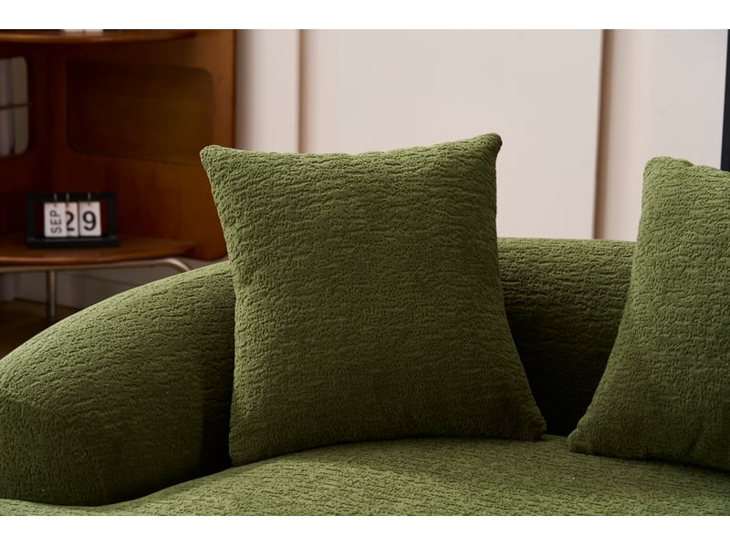  Canapé 2 places incurvé 153 x 94 x 63 cm en chenille vert, 3 coussins décoratifs  - Conforama D
