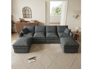 Canapé d'angle réversible fixe MODFU  6 places Coton / Lin gris avec coffre de rangement