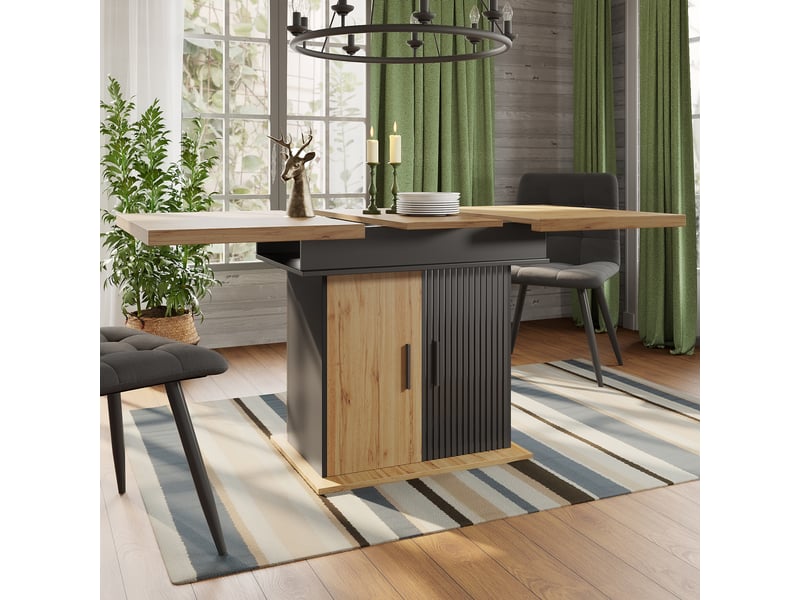  Table extensible avec rangement et étagères réglables pour salle à manger en mdf 110-140×80×75 cm noir naturel  - Conforama B