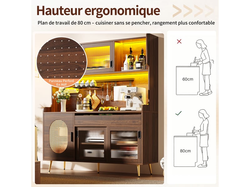 Meuble de cuisine muvano, buffet de cuisine 5 portes en mdf marron avec led, 145 × 39 × 171 cm - Conforama W