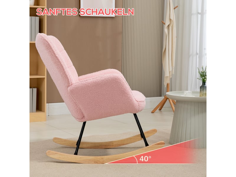 Fauteuil à bascule 71x98x101 cm, dossier haut, accoudoirs, tissu polyester, acier et bois de hêtre, rose - Conforama E