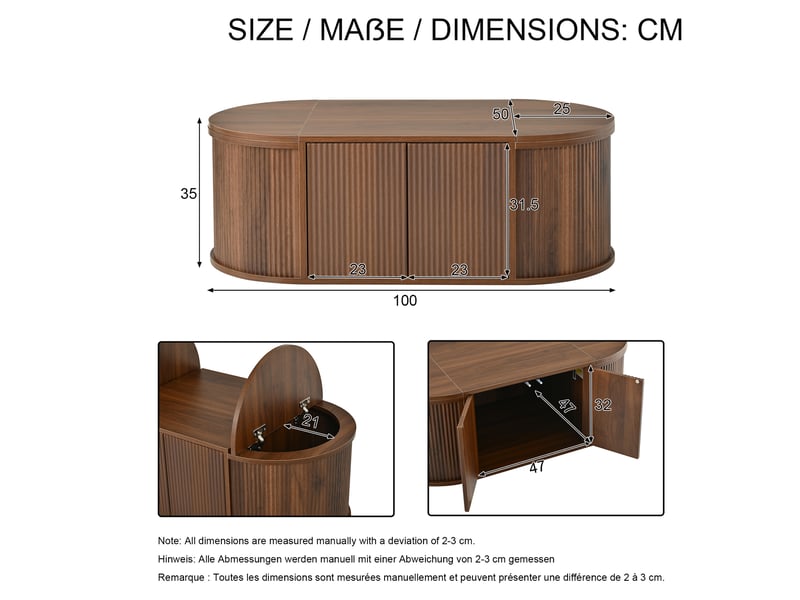 Table basse ovale 100x50x35 cm - rangements avec ouvertures relevables - mdf et panneaux de particules - noyer CozyNest - Conforama C