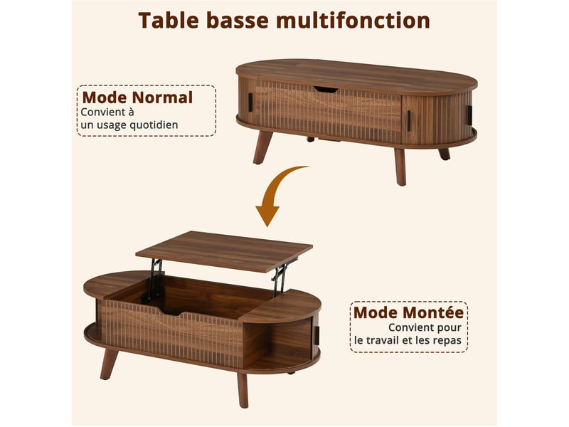Table basse ovale relevable avec rangement caché et 2 portes coulissantes pour salon en mdf 110×50×53,5 cm noyer - Conforama E