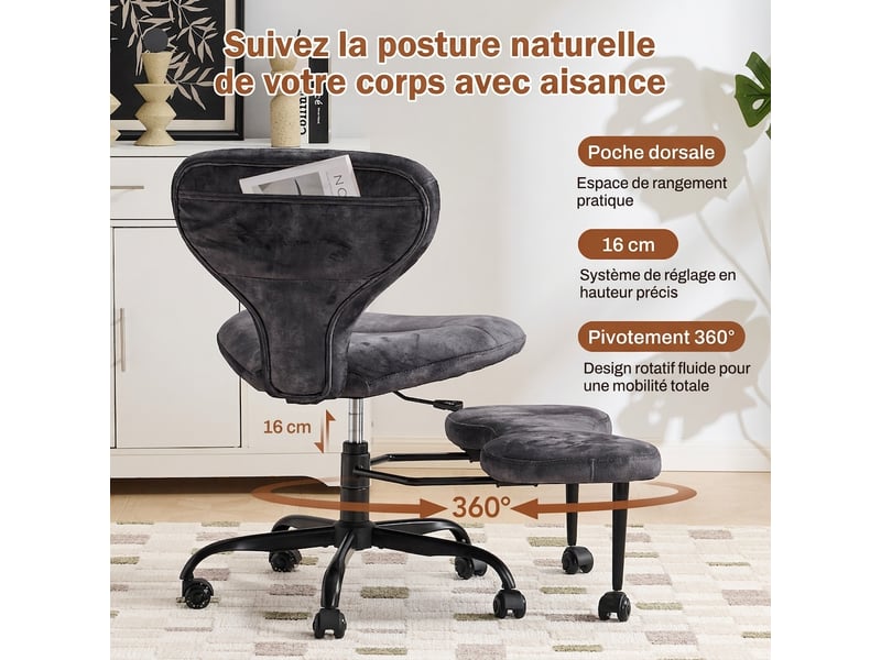  Chaise de bureau grise de méditation adulte avec roulettes silencieuses, hauteur réglable et repose-pieds rétractable  - Conforama E