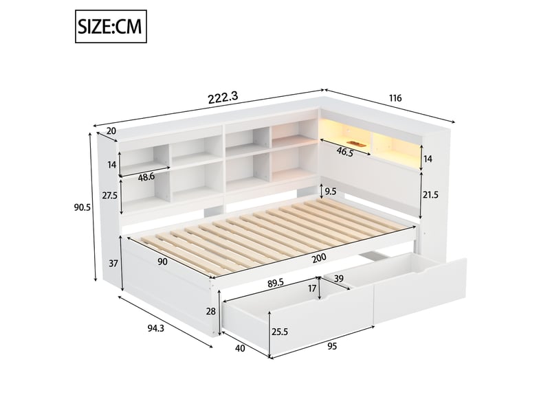  Modenvie lit banquette 90x200 cm - avec rangement intégré, led et ports usb, sans matelas - blanc  - Conforama C