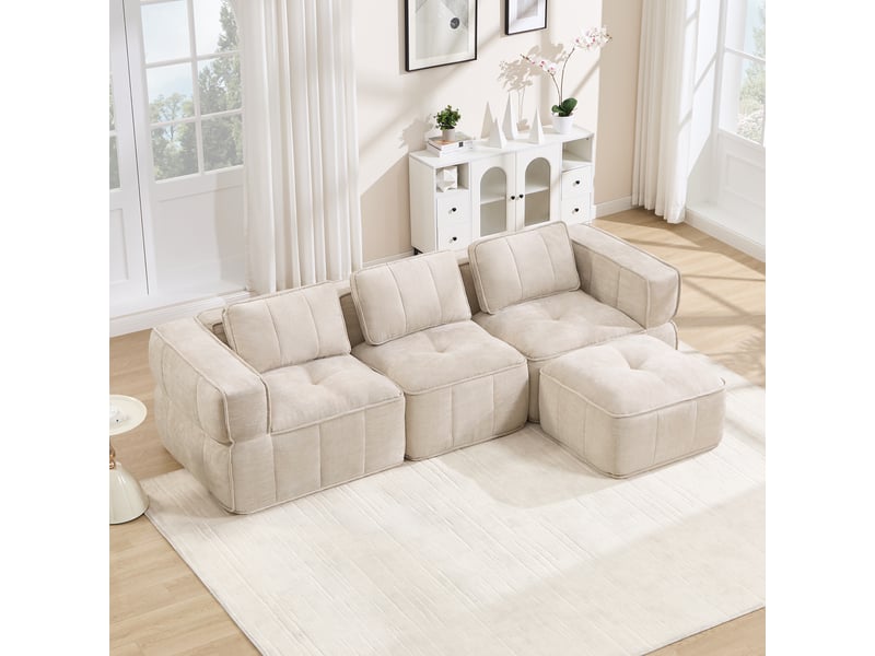 Canapé modulable, canapé 3 places, en tissu, beige, avec pouf, pour salon, mobilier pour espace de vie, adapté à l'espace de vie - Conforama A