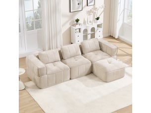 Canapé modulable, canapé 3 places, en tissu, beige, avec pouf, pour salon, mobilier pour espace de vie, adapté à l'espace de vie