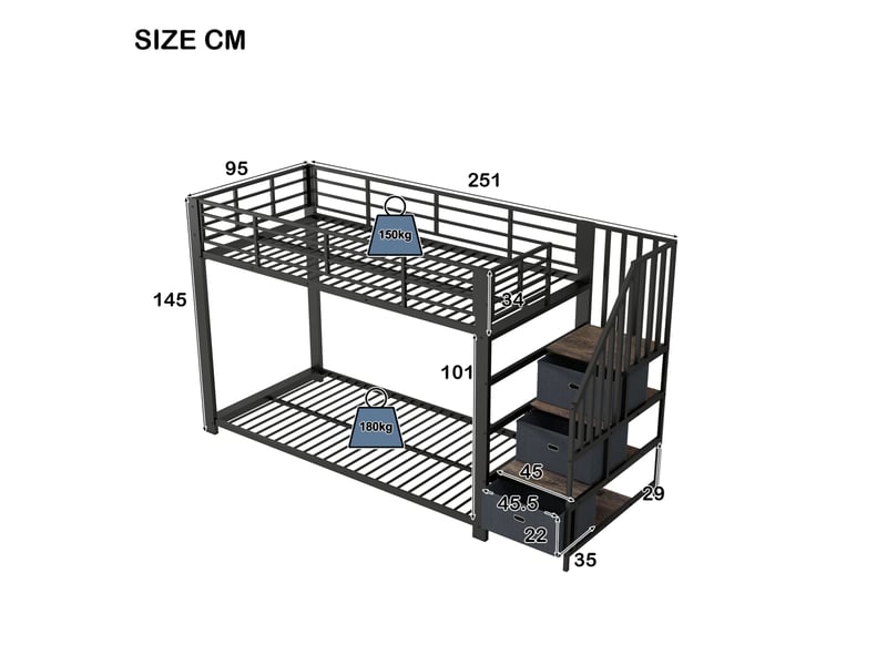  Lit superposé modenvie pour adultes 90 x 200 cm avec escalier de rangement led prises usb noir  - Conforama C