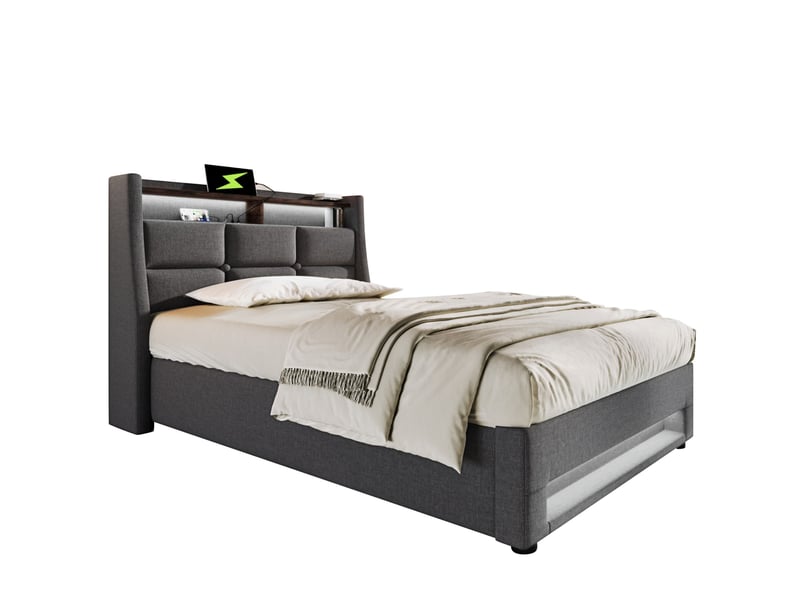  Lit simple enfant 90x200 cm – gris – coffre relevable, led réglable et usb intégrés, avec matelas 7 zones  - Conforama A