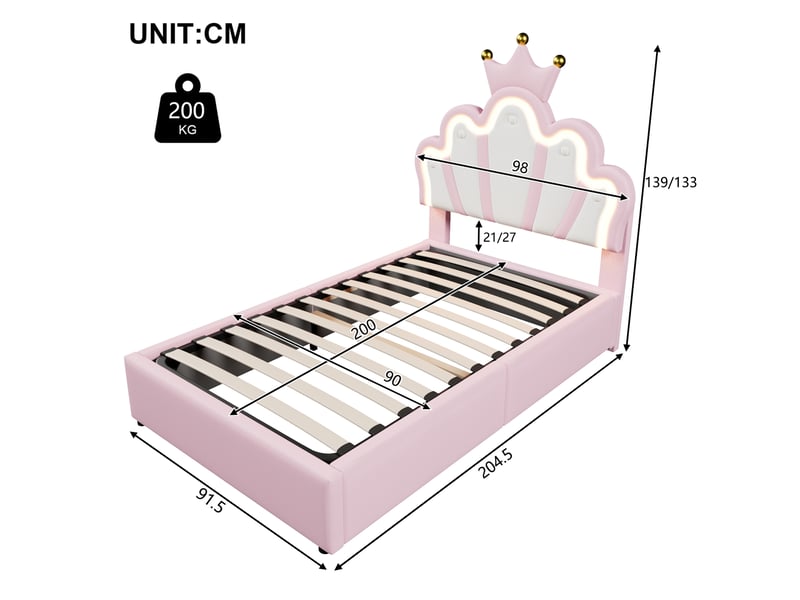Lit enfant 90 x 200 cm rose et blanc avec led et rangement hydraulique - Conforama C