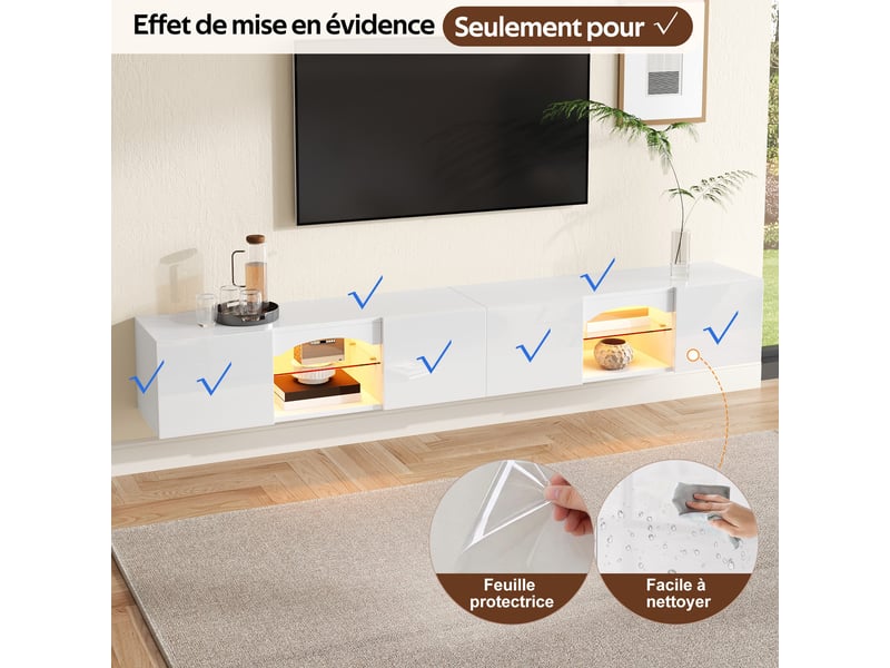 Meuble tv 200x30x28 cm avec led app, 4 portes, 2 niches, étagères en verre, finition brillante, blanc  - Conforama E