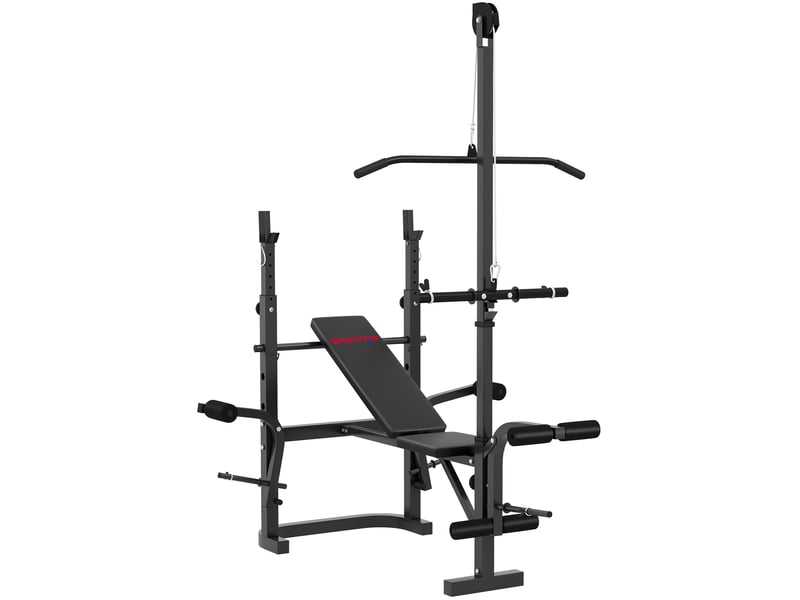 Banc de musculation avec support pour barre réglable, extension des jambes, pupitre à biceps et position papillon pour salle de sport - Conforama B