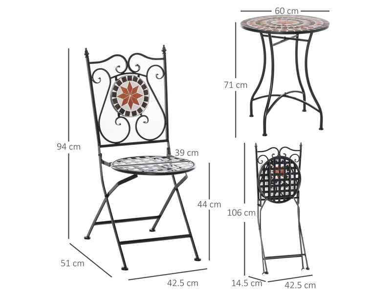  Ensemble de mobilier de jardin 3 pièces comprenant 2 chaises pliantes et 1 table basse, en métal et céramique.  - Conforama E