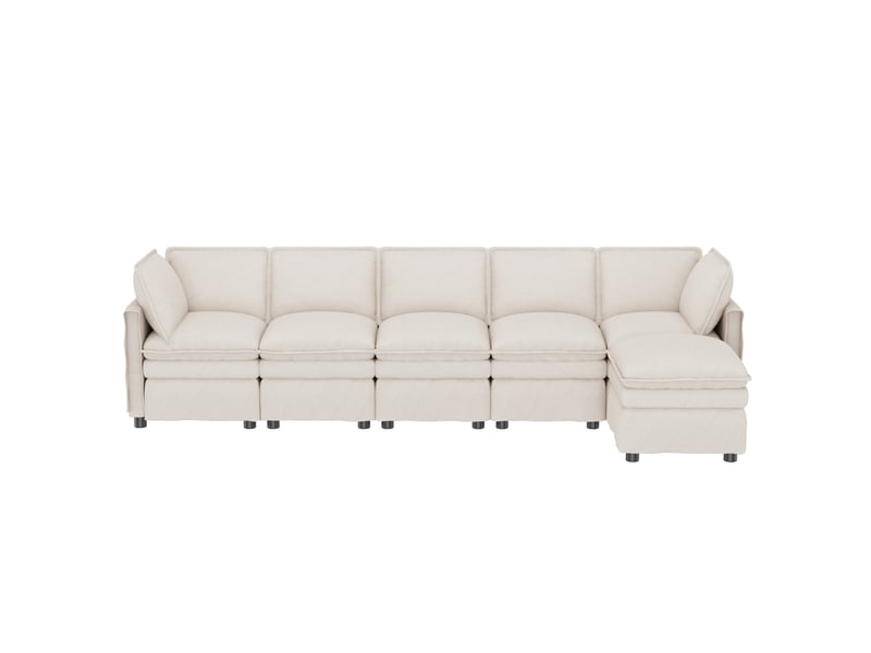  Canapé modulable xxl 6 places en tissu chenille beige avec pouf  - Conforama A