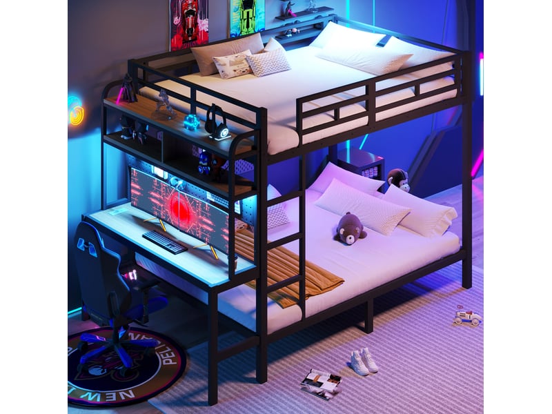  Lit superposé 140 x 200 cm, bureau, rangements, led pilotable, usb, garde-corps, échelle, métal, mdf, noir, sans matelas  - Conforama D
