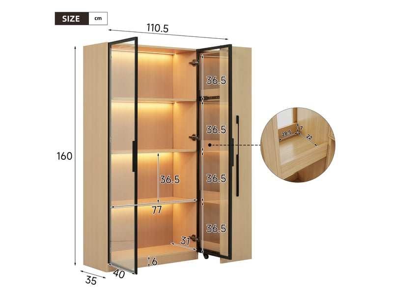  Bibliothèque vitrine avec led et rangement latéral, portes vitrées, style moderne pour salon, en mdf, chêne clair  - Conforama E