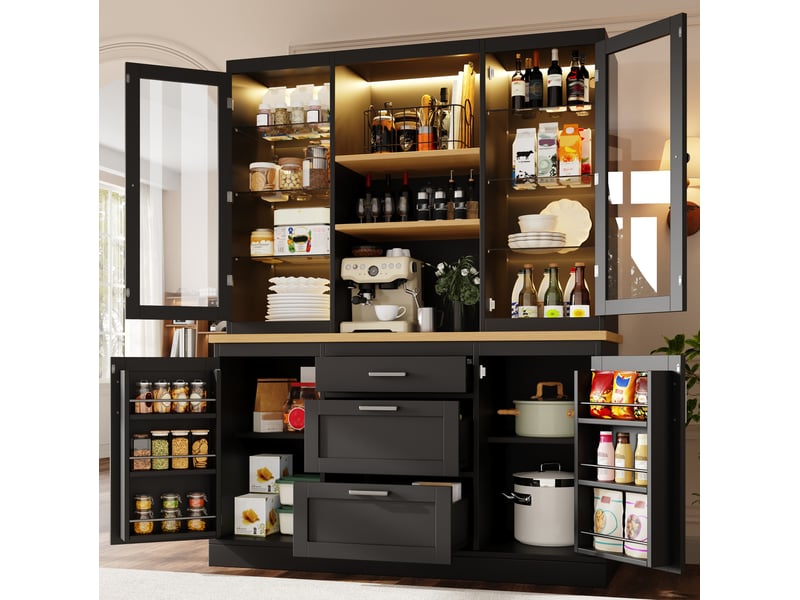  Buffet de cuisine moderne 140x40x185 cm, 3 tiroirs et 4 portes, meuble de rangement avec éclairage led, plateau de travail, mdf noir  - Conforama B