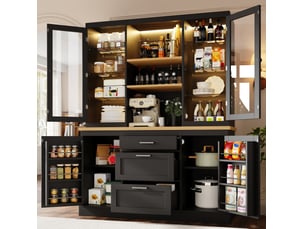Buffet de cuisine moderne 140x40x185 cm, 3 tiroirs et 4 portes, meuble de rangement avec éclairage led, plateau de travail, mdf noir