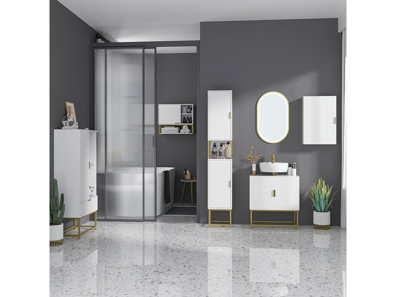  Meuble sous lavabo meuble de salle de bain avec placard double porte pieds en acier doré 60 x 30 x 65 cm blanc  - Conforama C