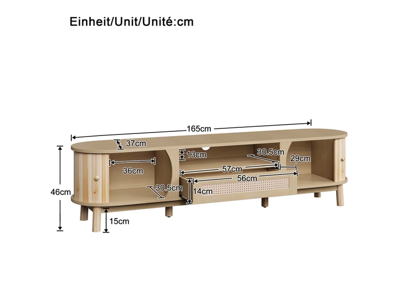  Meuble tv 165 x 37 x 46 cm en mdf avec portes coulissantes et tiroir en rotin naturel  - Conforama C