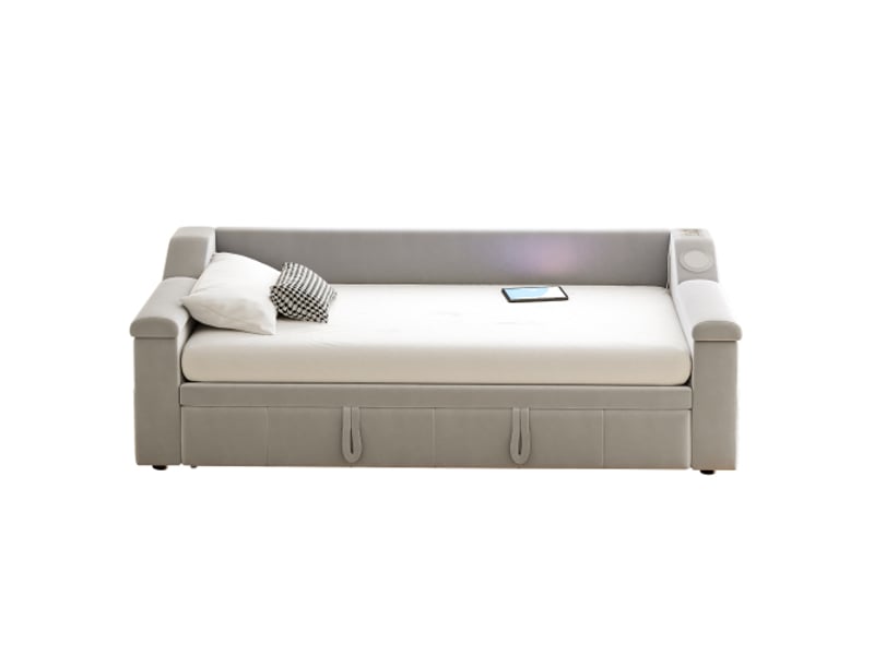  Lit gigogne 90x190 cm, lit enfant avec accoudoirs, système stéréo bluetooth et prise usb, tissu en velours gris, sans matelas  - Conforama A