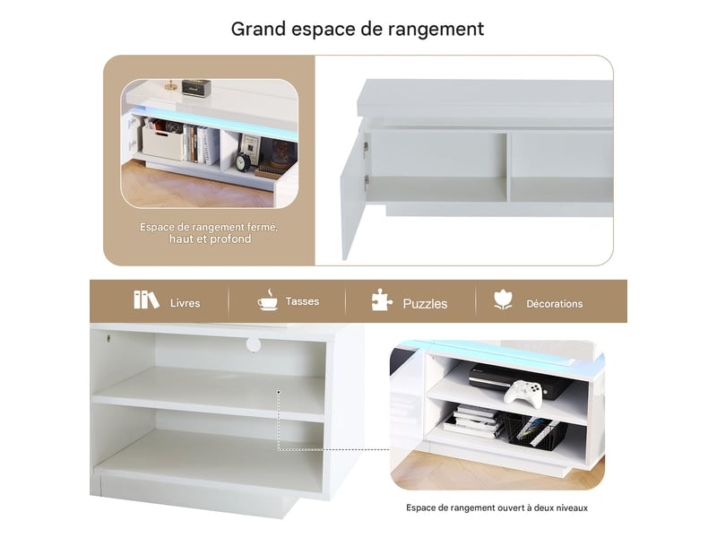  Meuble tv avec éclairage led en panneau de particules blanc 170x35x50 cm - pangivo  - Conforama E