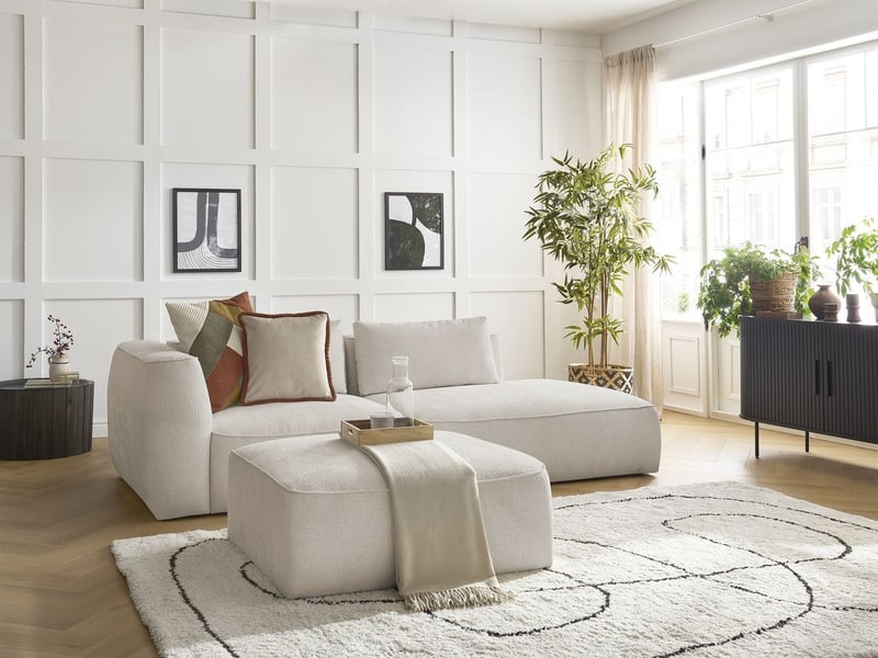  Bobochic canapé droit fixe 3 places leopold tissu texturé avec pouf beige  accoudoir gauche LEOPOLD - Conforama B