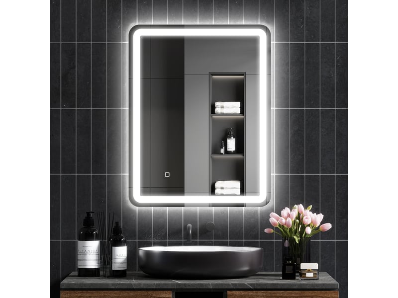  Miroir de salle de bain avec éclairage led 70 x 90 cm, 3 couleurs de lumière, luminosité réglable, fonction antibuée, fonction mémoire, ip44  - Conforama D