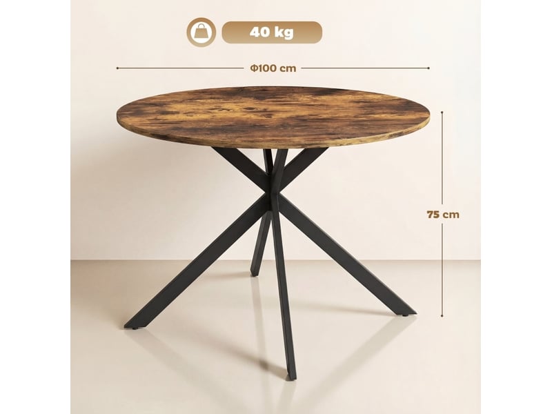 Table à manger ronde, 100 cm, 4 personnes style industriel en x, plateau bois, piètement acier, coloris marron rustique - Conforama C